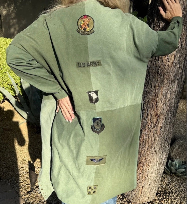 Riley Olive Green Studded Military Patch Duster Coat M/L