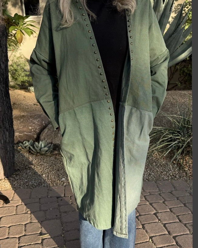 Riley Olive Green Studded Military Patch Duster Coat M/L
