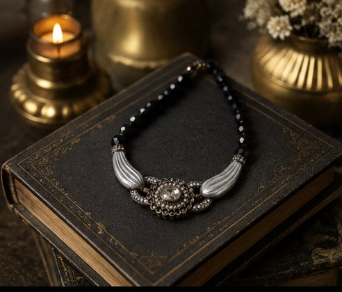 Heidi Daus Signed Crystal Statement Necklace with Black Faceted Beads