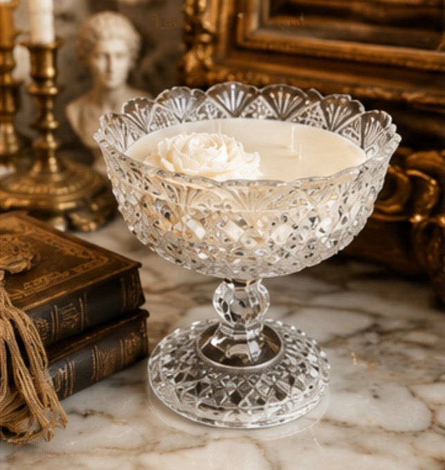 Vintage Crystal Compote Soy Candle with Signature Wax Rose