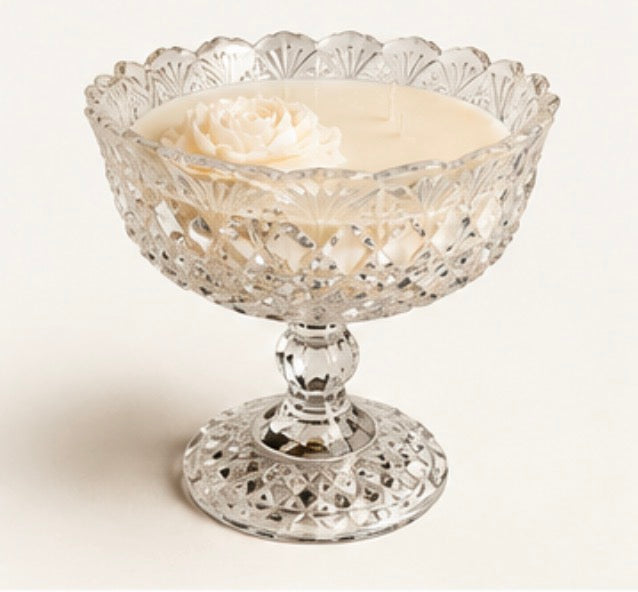 Vintage Crystal Compote Soy Candle with Signature Wax Rose