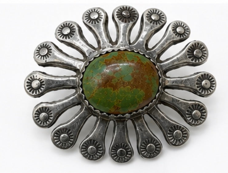 Vintage Sterling Silver Turquoise Sunburst Brooch Pin, 1.5’’