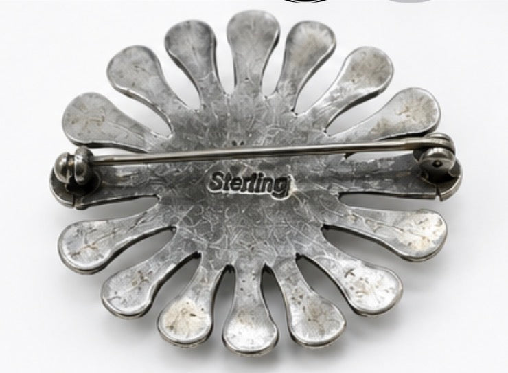 Vintage Sterling Silver Turquoise Sunburst Brooch Pin, 1.5’’