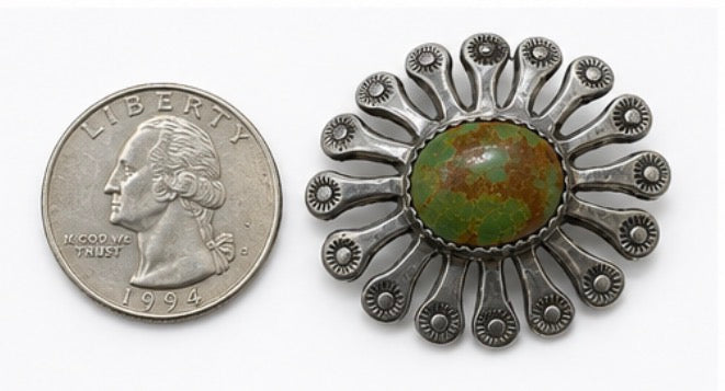 Vintage Sterling Silver Turquoise Sunburst Brooch Pin, 1.5’’