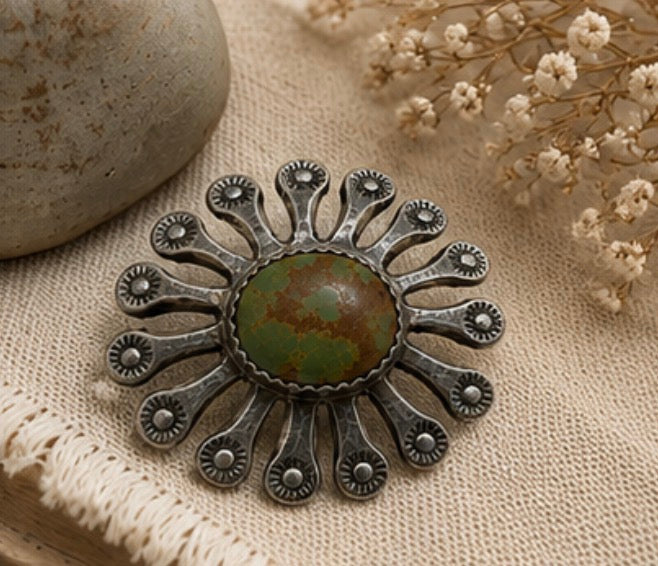Vintage Sterling Silver Turquoise Sunburst Brooch Pin, 1.5’’