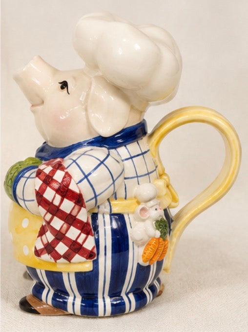 Vintage Fitz and Floyd Classics Pig Chef Ceramic Pitcher, 8.5’’