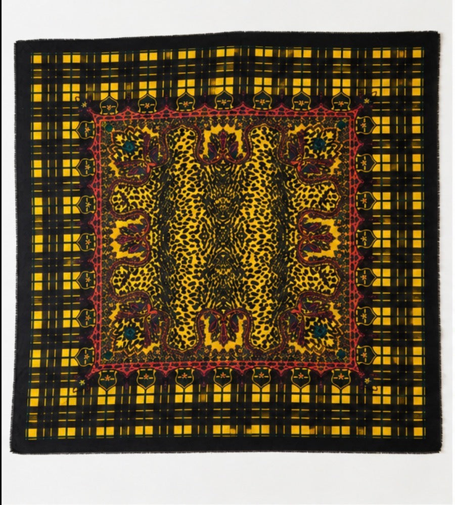 Vintage Oversized 46’’ Cotton Leopard Plaid Square Scarf