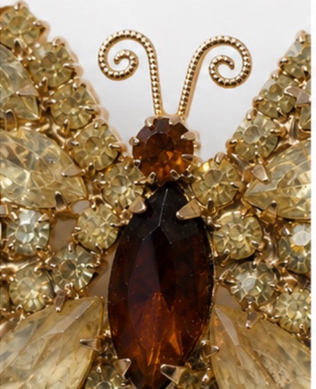 Vintage Signed WEISS Rhinestone Butterfly Brooch Amber Champagne Crystals
