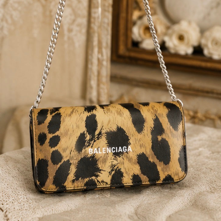 Balenciaga Leopard Print Chain Wallet Crossbody Bag with Box | Authentic Designer Handbag