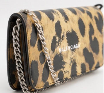 Balenciaga Leopard Print Chain Wallet Crossbody Bag with Box | Authentic Designer Handbag
