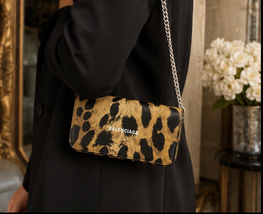 Balenciaga Leopard Print Chain Wallet Crossbody Bag with Box | Authentic Designer Handbag