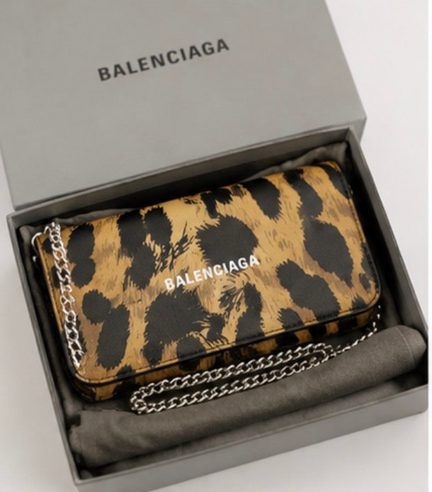 Balenciaga Leopard Print Chain Wallet Crossbody Bag with Box | Authentic Designer Handbag