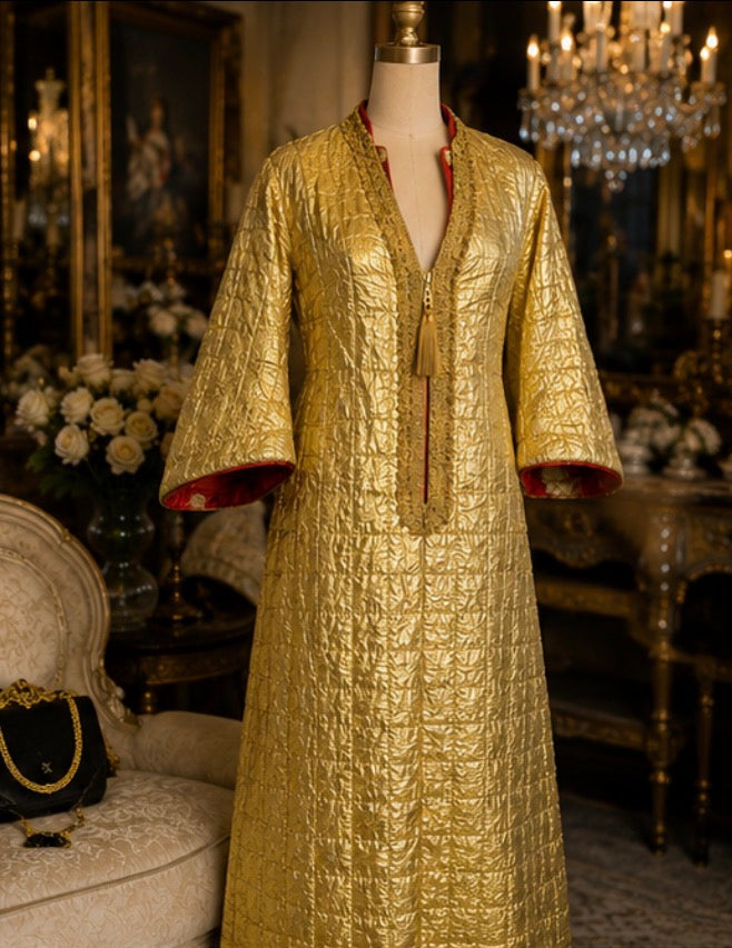 Vintage Edie Gladstone 1960’s Couture Gold Metallic Kaftan Hostess Gown with Red Lining