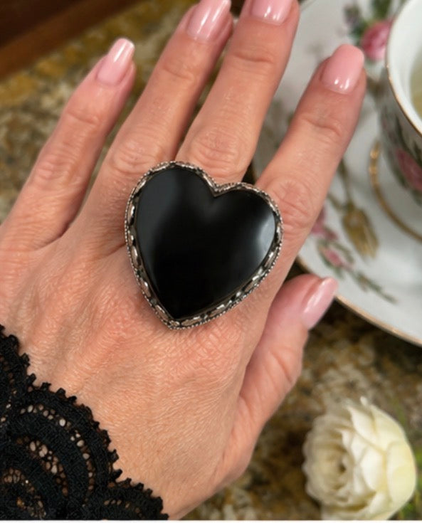 oversized Black Heart Statement Ring with Ornate Silver-ToneSetting