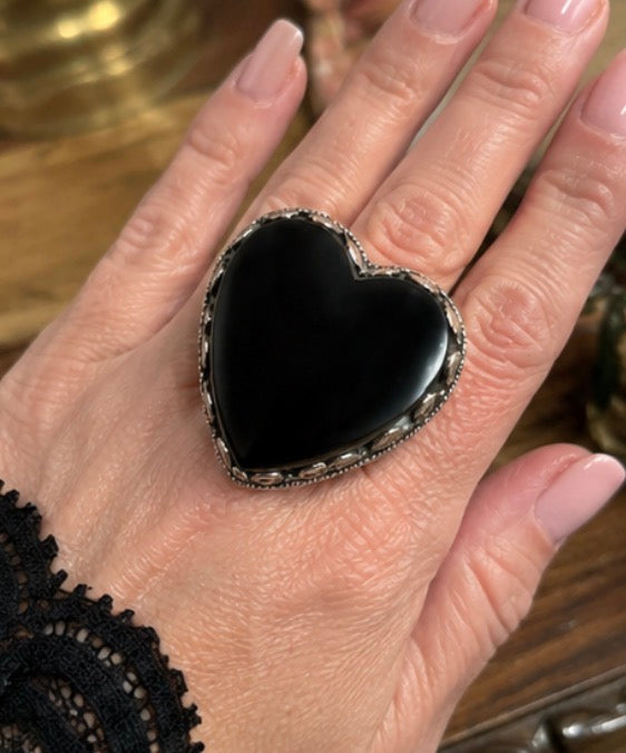 oversized Black Heart Statement Ring with Ornate Silver-ToneSetting