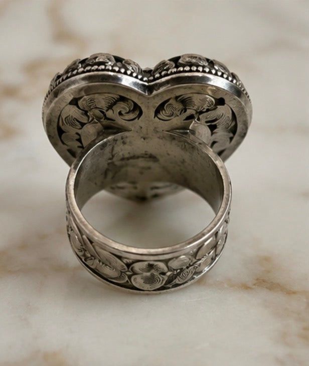 oversized Black Heart Statement Ring with Ornate Silver-ToneSetting