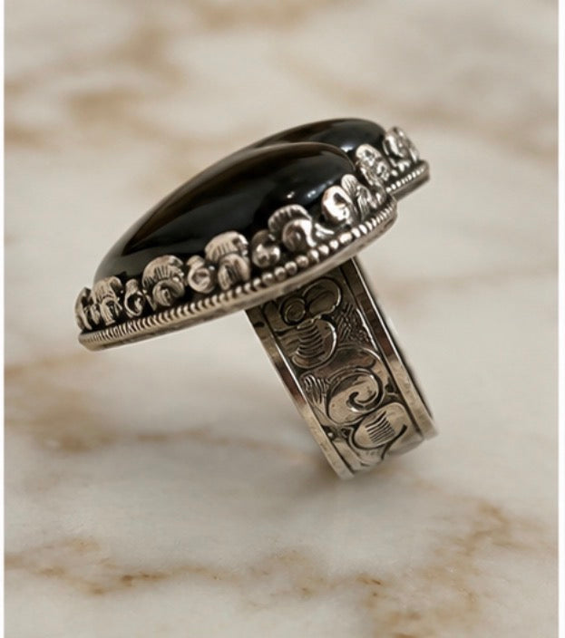 oversized Black Heart Statement Ring with Ornate Silver-ToneSetting