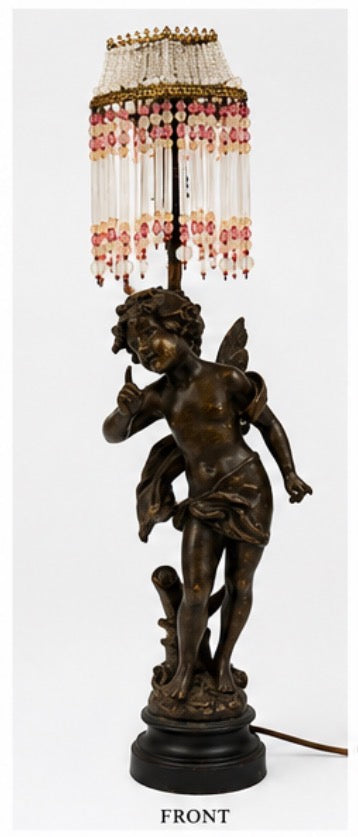 Vintage Spelter Cherub Table Lamp with Pink & White Beaded Glass Shade