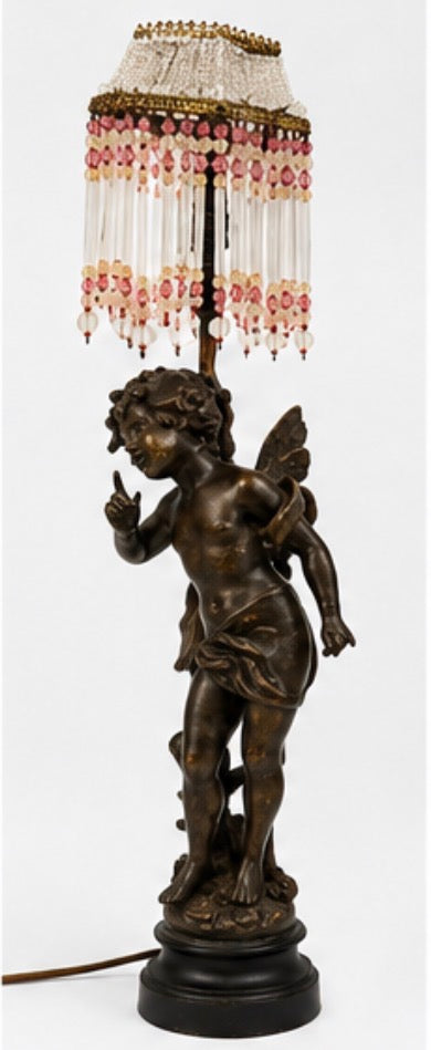 Vintage Spelter Cherub Table Lamp with Pink & White Beaded Glass Shade