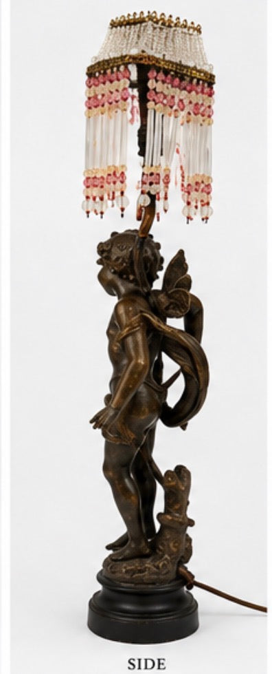 Vintage Spelter Cherub Table Lamp with Pink & White Beaded Glass Shade