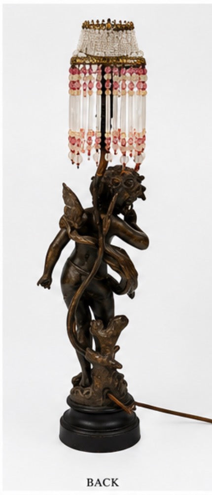 Vintage Spelter Cherub Table Lamp with Pink & White Beaded Glass Shade