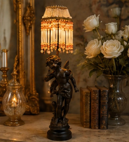Vintage Spelter Cherub Table Lamp with Pink & White Beaded Glass Shade