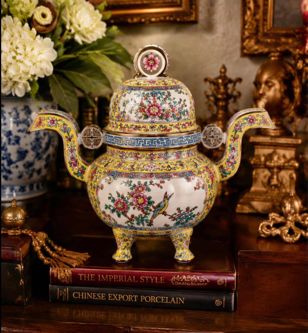 Chinese-Style Famille Rose Tripod Censor with Lid | 10’’ Decorative Urn