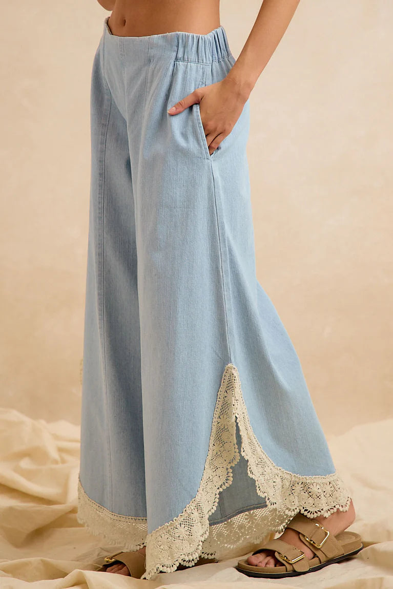 BLUEBELL LACE TULIP-HEM Wide Leg Denim Pants