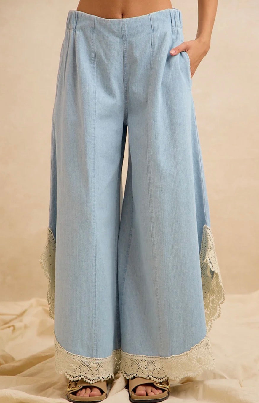 BLUEBELL LACE TULIP-HEM Wide Leg Denim Pants