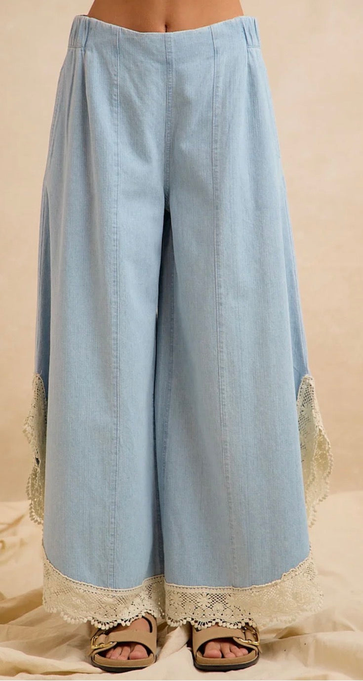BLUEBELL LACE TULIP-HEM Wide Leg Denim Pants