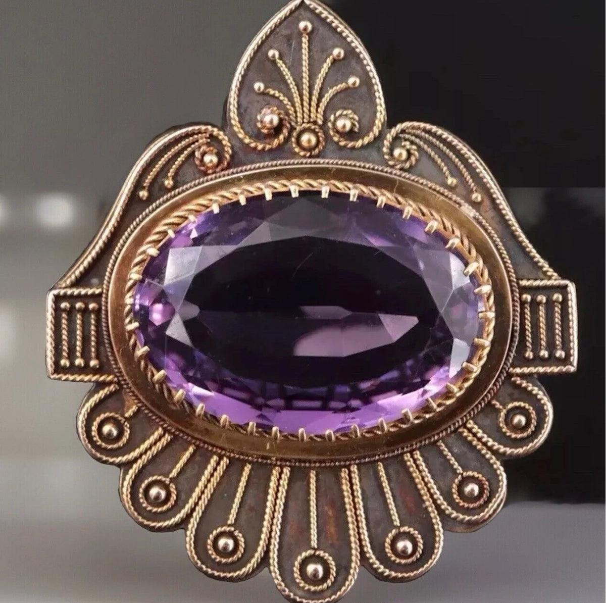 Victorian Etruscan Revival 14K Gold Amethyst Converter Brooch, 26.76 Carets