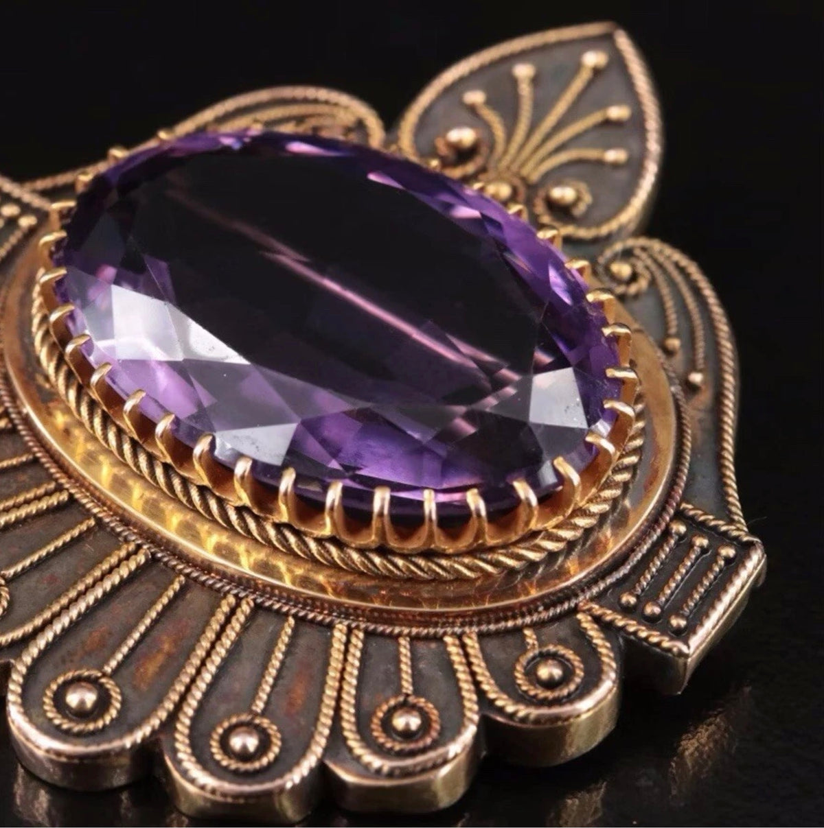 Victorian Etruscan Revival 14K Gold Amethyst Converter Brooch, 26.76 Carets
