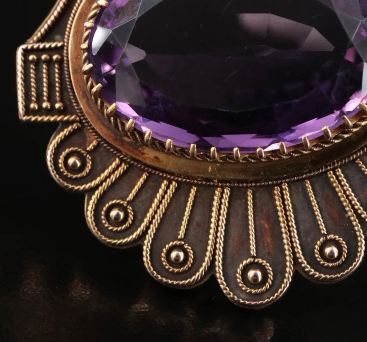 Victorian Etruscan Revival 14K Gold Amethyst Converter Brooch, 26.76 Carets