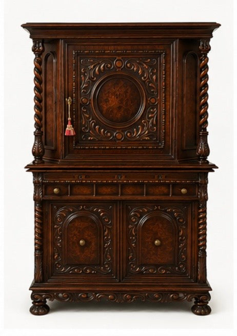 Antique Renaissance Rival Carved Wood Cabinet with Burl Panels