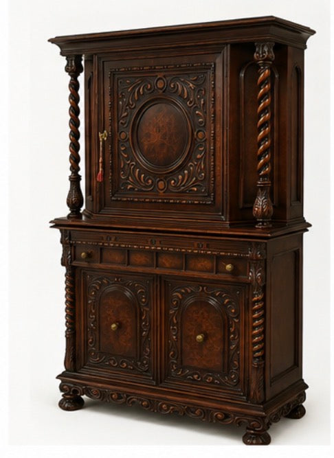 Antique Renaissance Rival Carved Wood Cabinet with Burl Panels