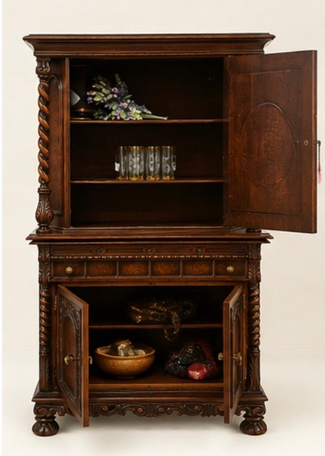 Antique Renaissance Rival Carved Wood Cabinet with Burl Panels