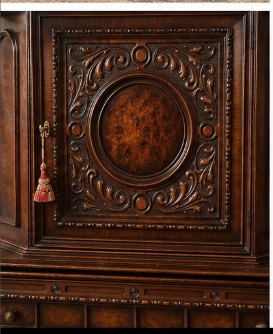 Antique Renaissance Rival Carved Wood Cabinet with Burl Panels