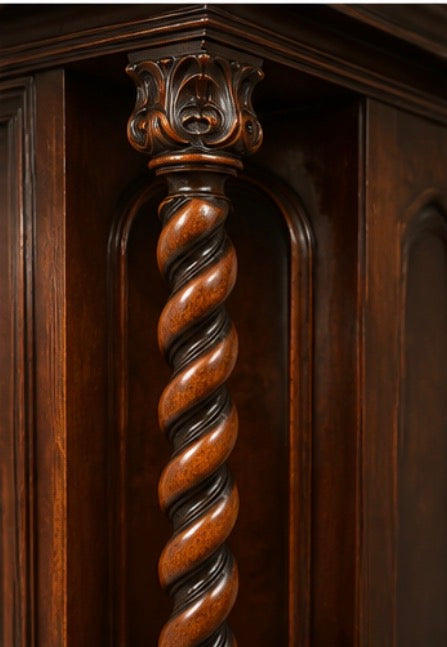 Antique Renaissance Rival Carved Wood Cabinet with Burl Panels