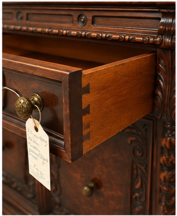Antique Renaissance Rival Carved Wood Cabinet with Burl Panels