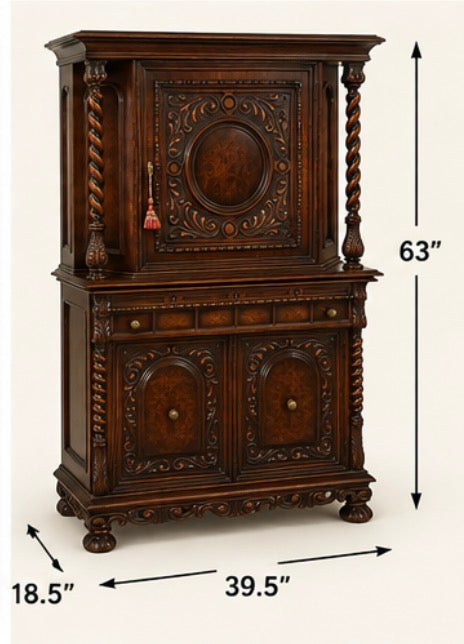 Antique Renaissance Rival Carved Wood Cabinet with Burl Panels